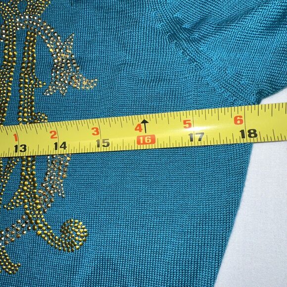 Christian Audigier Silk Blend Turquoise Sweater Gold Accent Sz Sm Rare Art Wow - Picture 9 of 15